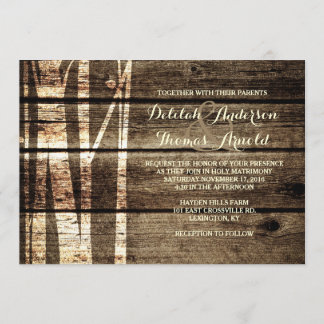 Rustic Barn Wood Birch Träd Winter Wedding Inbjuda Inbjudningar