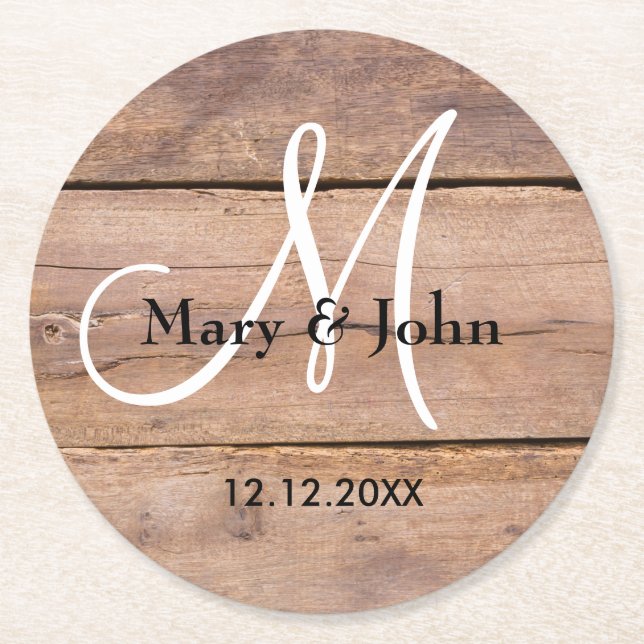 Rustic Barn Wood Bröllop Monogram Underlägg Papper Rund (Framsidan)