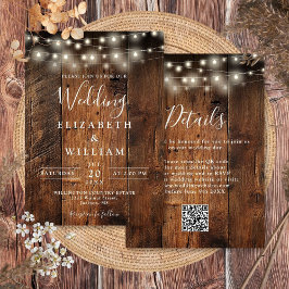 Rustic Barn Wood Bröllop String Ljus QR-kod Inbjudningar
