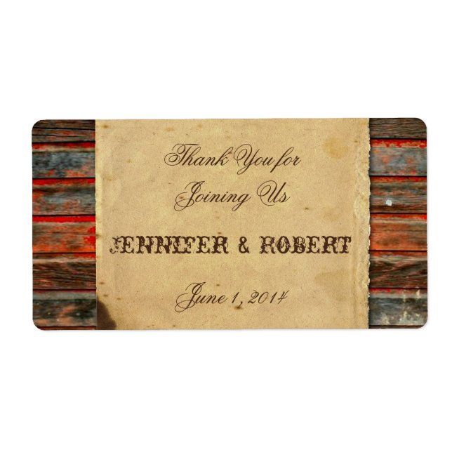 Rustic Barn Wood Bröllop Vattenflaska Label Fraktsedel (Framsidan)