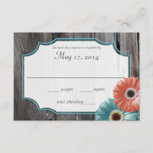 Rustic Barn Wood Daisy Coral and Aqua Reply OSA Kort