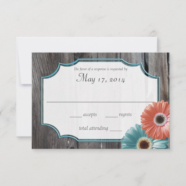Rustic Barn Wood Daisy Coral and Aqua Reply OSA Kort (Framsida)