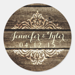Rustic Barn Wood Damask Vintage bröllop Sticker Runt Klistermärke