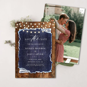 Rustic Barn Wood Denim Photo Bröllop Spara Datum Inbjudningar