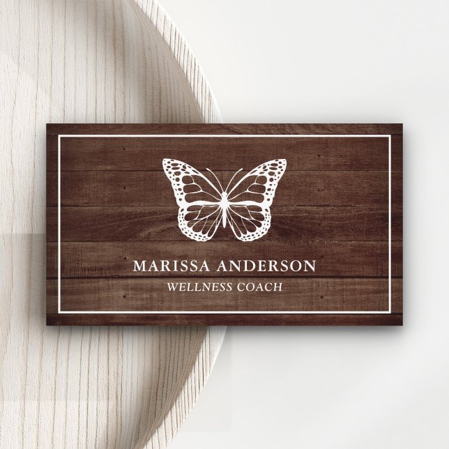Rustic Barn Wood Elegant White Butterfly Visitkort (Skapare uppladdad)