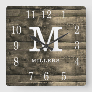 Rustic Barn Wood Family Namn Monogram Farmhouse Fyrkantig Klocka