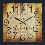 Rustic Barn Wood Farmhouse Anpassningsbar Family N Fyrkantig Klocka<br><div class="desc">En rolig, unik, unik personlig av typen en typ har en fin träbakgrund med och ord, "MICHAEL & KAREN Andersson est". 20XX tum i svart typografi. Anpassa den här klockan genom att lägga till din egen personliga information. Gör en underbarare bröllop, årsdag eller hemmauppvärmningspregift. Klicka på "anpassa den här mallen"...</div>