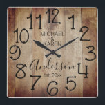 Rustic Barn Wood Farmhouse Anpassningsbar Family N Fyrkantig Klocka<br><div class="desc">En rolig, unik, unik personlig av typen en typ har en fin träbakgrund med och ord, "MICHAEL & KAREN Andersson est". 20XX tum i svart typografi. Anpassa den här klockan genom att lägga till din egen personliga information. Gör en underbarare bröllop, årsdag eller hemmauppvärmningspregift. Klicka på "anpassa den här mallen"...</div>