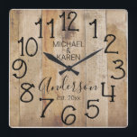 Rustic Barn Wood Farmhouse Anpassningsbar Family N Fyrkantig Klocka<br><div class="desc">En strålande, unik personlig av typen en-av-ett-typ-modell har en fin träbakgrund med och ord, MICHAEL & KAREN Andersson est. 20XX tum i svart typografi. Anpassa den här klockan genom att lägga till din egen personliga information. Gör ett underbart bröllop, en årsdag eller en gåva till husuppvärmningen. Klicka på "Anpassa den...</div>