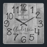 Rustic Barn Wood Farmhouse Custom Family Name Fyrkantig Klocka<br><div class="desc">A rustic, unique, one-of-a-kind personalized design features a faux wood background with and the words, "MICHAEL & KAREN Anderson est. 20XX" in black typography. Personalize this clock by adding your own personal information. Makes a great wedding, anniversary, or housewarming gift. Click "personalize this template" to change the names and fonts...</div>