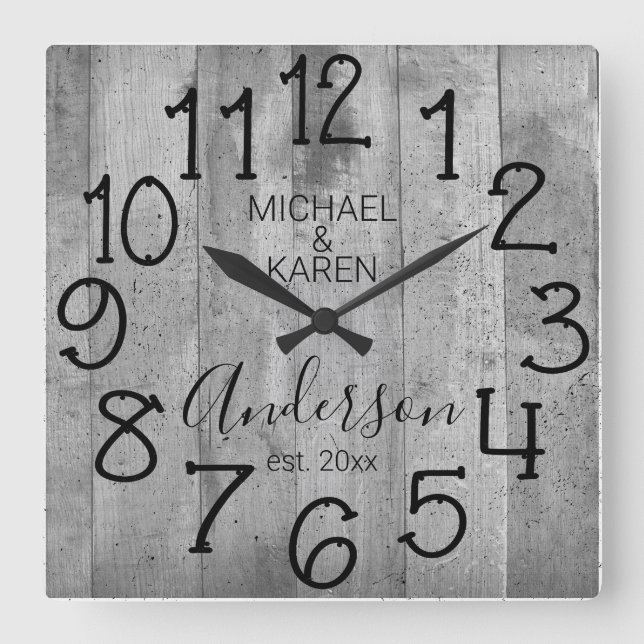 Rustic Barn Wood Farmhouse Custom Family Name Fyrkantig Klocka (Framsida)