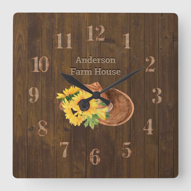Rustic Barn Wood Farmhouse Hat Sunblommor Fyrkantig Klocka (Framsida)