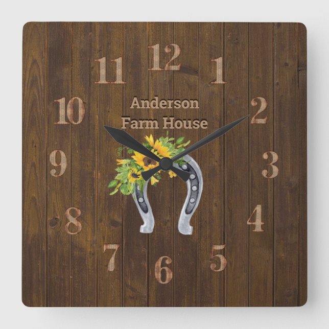 Rustic Barn Wood Farmhouse Horseshoe Sunblommor Fyrkantig Klocka (Framsida)