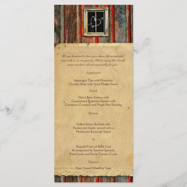 Rustic Barn Wood Graffiti Heart Bröllop Menu Meny (Framsida)