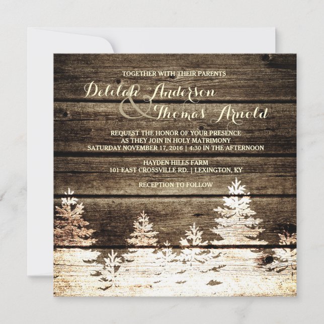 Rustic Barn Wood Gräs Träd Winter Wedding Inbjudan (Framsida)