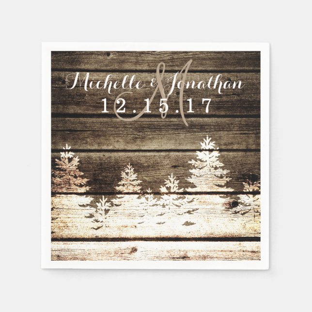 Rustic Barn Wood Gräs Träd Winter Wedding Napkin Pappersservett (Framsidan)