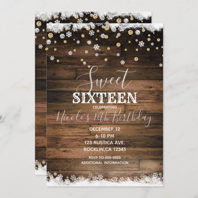 Rustic Barn Wood Guld Silver Winter Sweet 16 Party Inbjudningar (Fram/baksida)