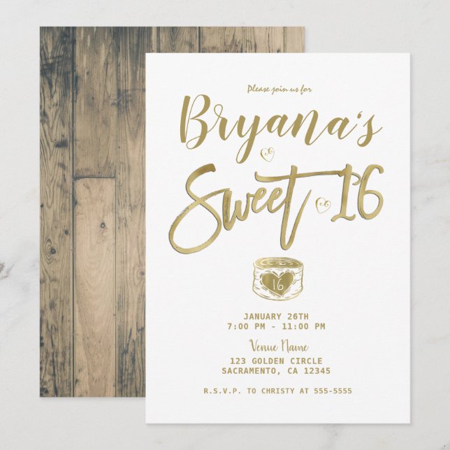 Rustic Barn Wood Guld & White Chic Sweet 16 Party Inbjudningar (Fram/baksida)