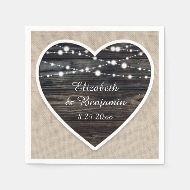 Rustic Barn Wood Heart String Ljus Bröllop Pappersservett (Framsidan)