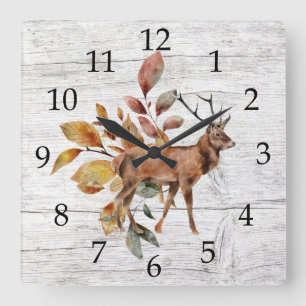 Rustic Barn Wood Hjort Antlers Fall Foliage Fyrkantig Klocka