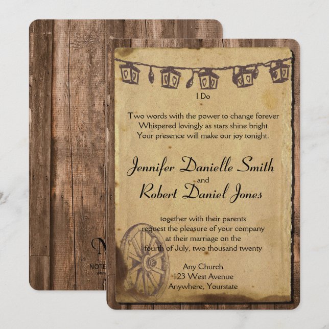 Rustic Barn Wood Lantern Bröllop Inbjudningar (Fram/baksida)