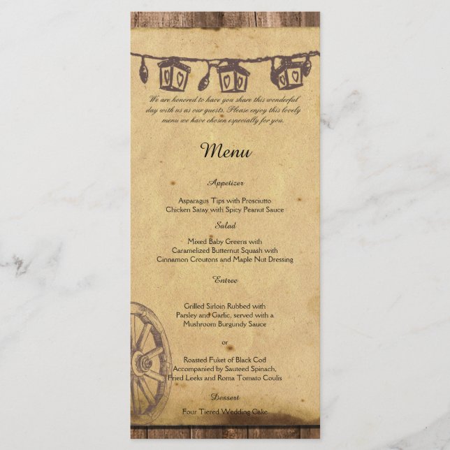 Rustic Barn Wood Lantern Bröllop Menu Meny (Framsida)