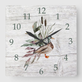Rustic Barn Wood Mallard Anka Cattails Greenery Fyrkantig Klocka