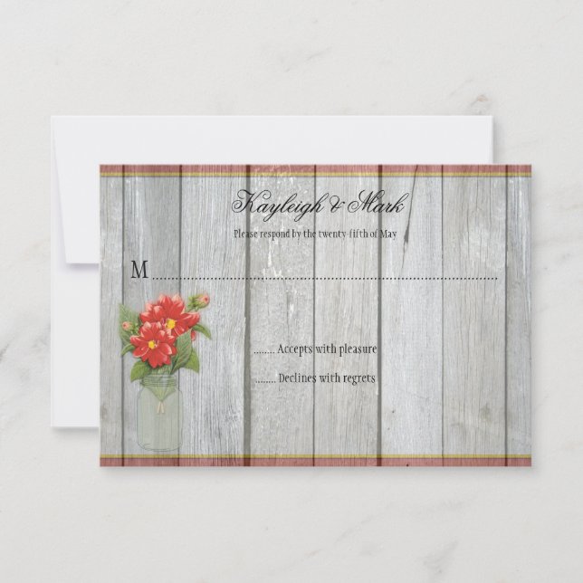 Rustic Barn Wood Mason Burk Red Dahlias RSVPs OSA Kort (Framsida)