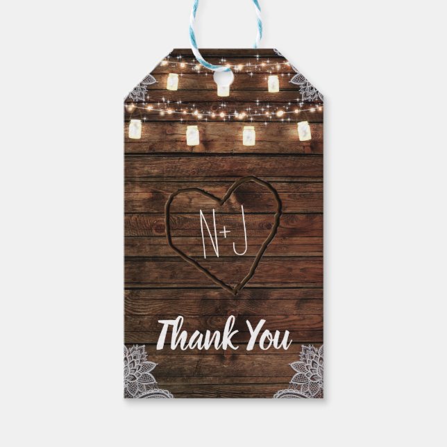 Rustic Barn Wood & Mason Burk Wedding Favor Presentetikett (Framsidan)