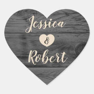 Rustic Barn Wood Monogram Heart Bröllop Sticker Hjärtformat Klistermärke