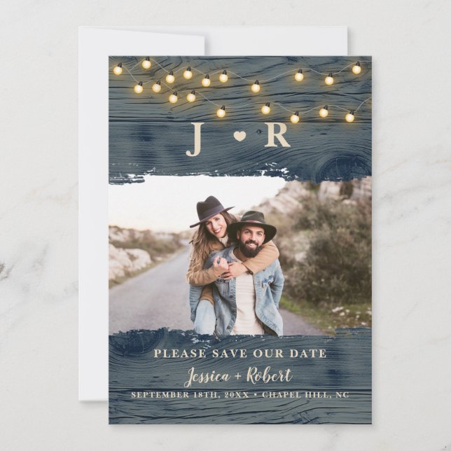 Rustic Barn Wood Monogram Photo Save Date Inbjudningar (Framsida)