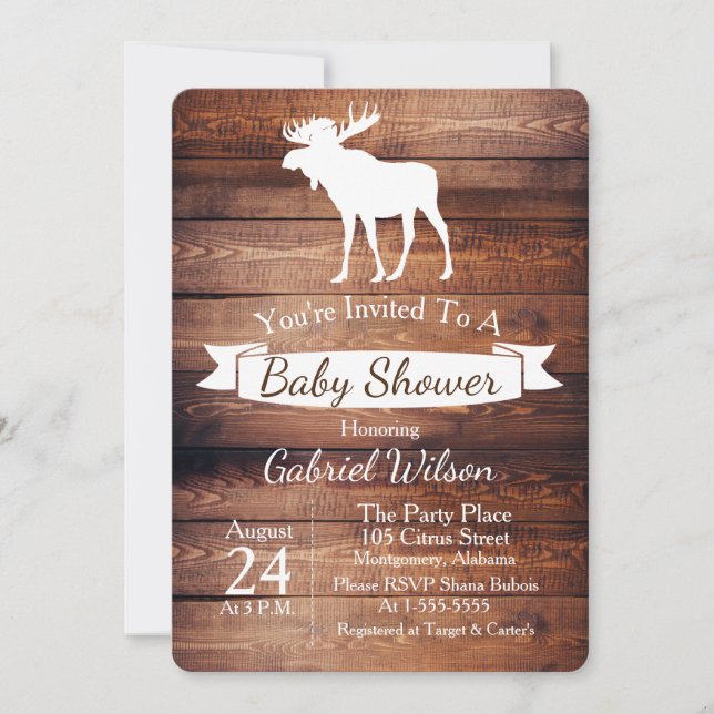 Rustic Barn Wood & Moose Antler Baby Shower Inbjudningar (Framsida)