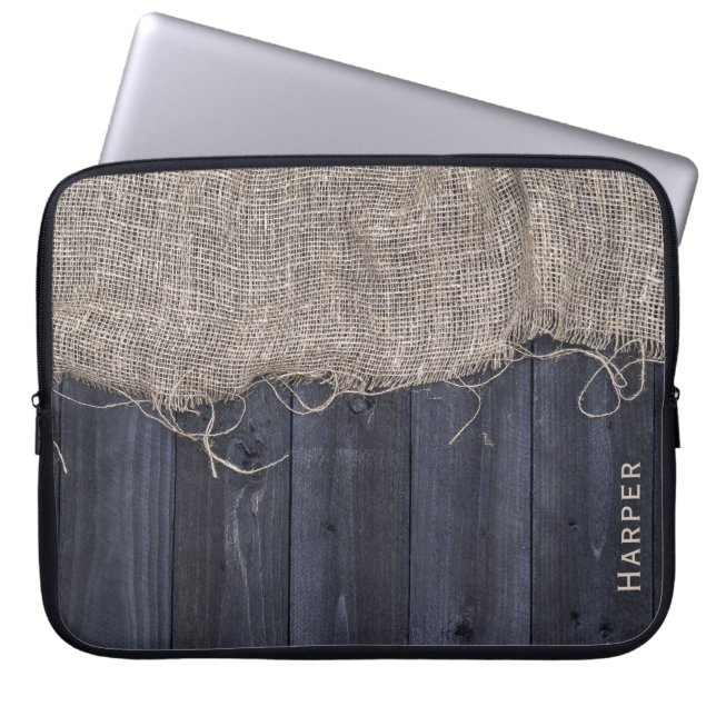 Rustic Barn Wood och Burlap Mönster med Namn Laptop Sleeve (Framsidan)