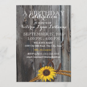 Rustic Barn Wood och Solros Birthday Inbjudningar