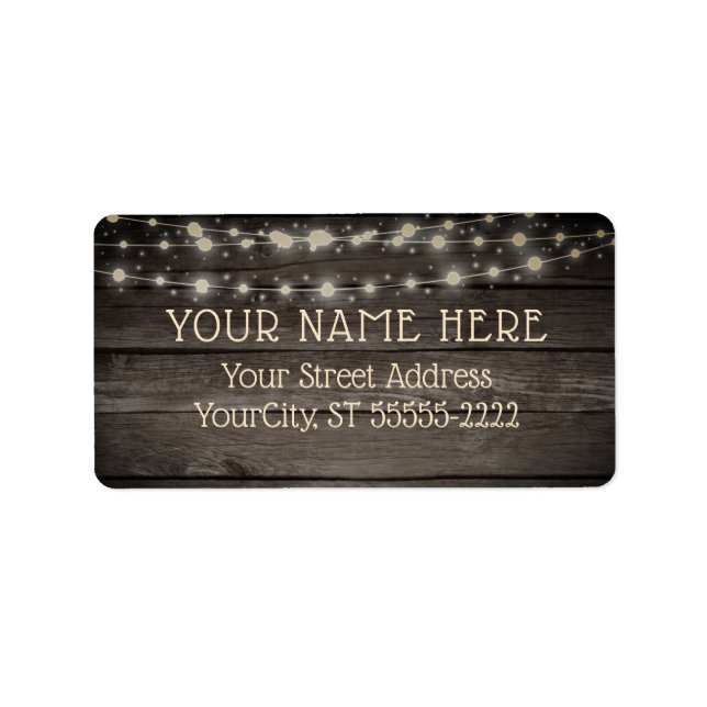 Rustic Barn Wood och String Ljus Adressetikett (Framsidan)