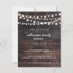 Rustic Barn Wood och String Ljus Family Reunion Inbjudningar