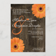 Rustic Barn Wood Orange Daisy bröllopsinbjudningar