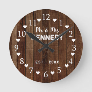 Rustic Barn Wood Plank Bröllop Rund Klocka