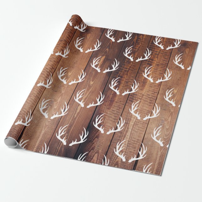 Rustic Barn Wood Planks & White Hjorts Antlers Presentpapper (Utrullad)