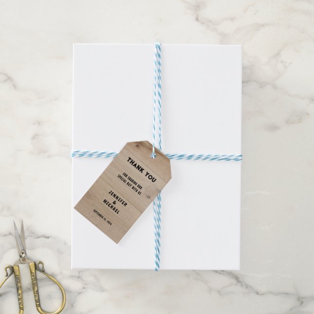 Rustic barn wood rural country Wedding Thank You Presentetikett (Med Snöre)