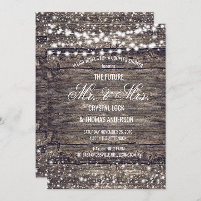 Rustic Barn Wood Snöflingor Winter Couples Shower Inbjudningar (Fram/baksida)