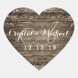 Rustic Barn Wood Snöflingor Winter Wedding Hjärtformat Klistermärke