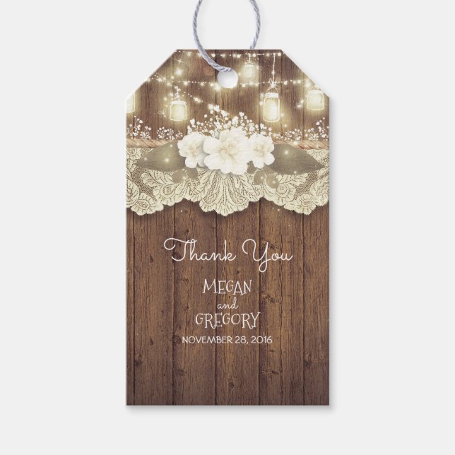Rustic Barn Wood Snöre Mason Burk Ljus Bröllop Presentetikett (Framsidan)