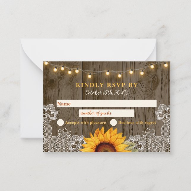 Rustic Barn Wood Solros-Bröllop OSA-kort Anteckningskort (Framsida)