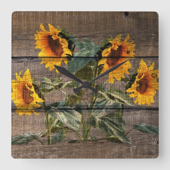 Rustic Barn Wood Solros Fyrkantig Klocka (Framsida)