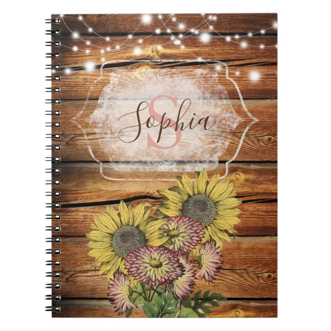 Rustic Barn Wood Solros Monogram Anteckningsbok (Framsidan)