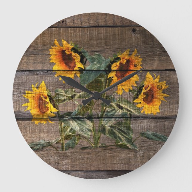 Rustic Barn Wood Solros Stor Klocka (Framsida)