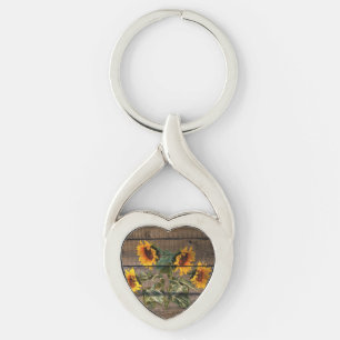 Rustic Barn Wood Solros Twisted Heart Silverfärgad Nyckelring