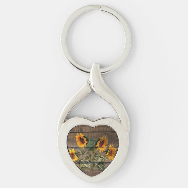 Rustic Barn Wood Solros Twisted Heart Silverfärgad Nyckelring (Framsidan)