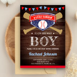 Rustic Barn Wood Sports Boy Baseball Baby Shower Inbjudningar<br><div class="desc">Akta dina gäster med den här basebolltemaduschen för babyduschen inbjudan med korsade fladdermöss och en baseboll med modern typografi mot en strålande lada-bakgrund. Lägg bara till din händelseinformation i den här mallen som är enkel att använda för att göra den till en inbjudan av typen en. Vänd kortet över för...</div>